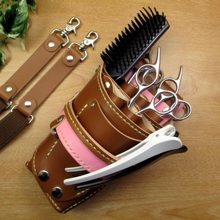 キャメル＆ピンク　６丁差し　本革　シザーケース　SCA-100/CCB