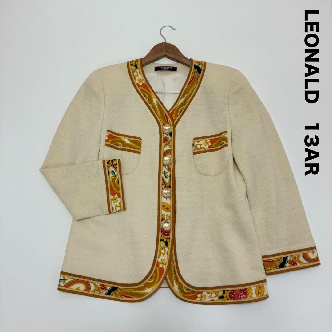 LEONALD レオナール☆微ラメノーカラージャケット 13号 Vネック