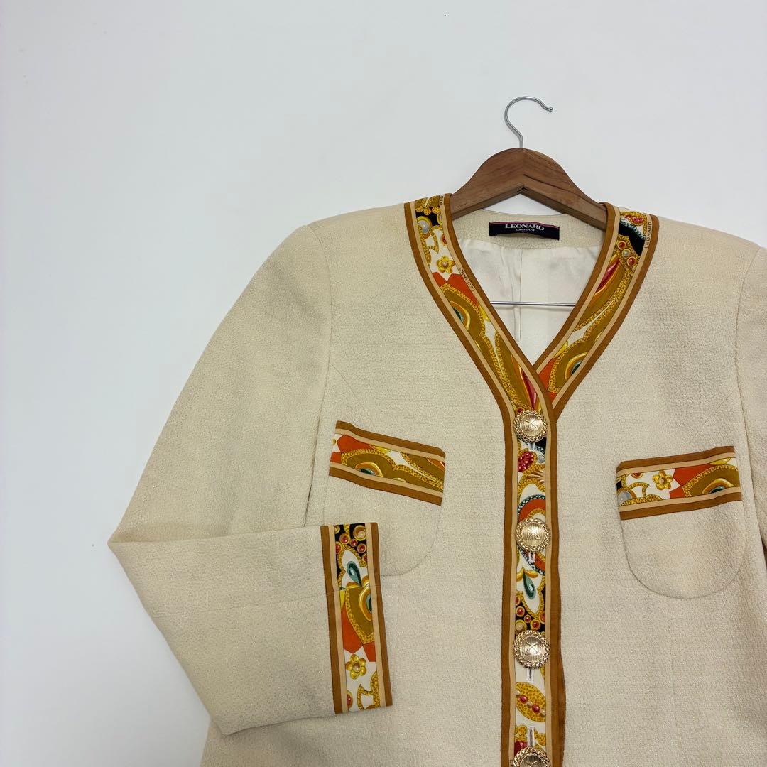 LEONALD レオナール☆微ラメノーカラージャケット 13号 Vネック