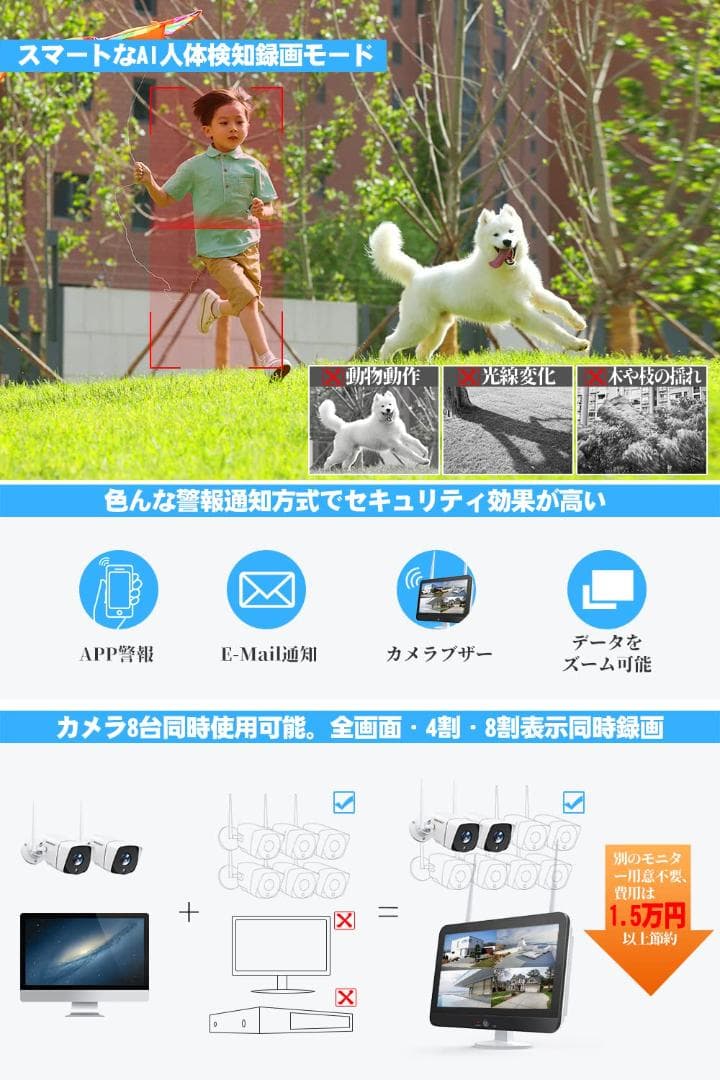 モニター付き防犯カメラ 500万解像度 大容量3TB