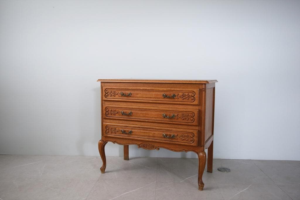 フランスアンティーク猫脚3杯ドロワー/木製チェスト/タンス/飾り棚(90-73)