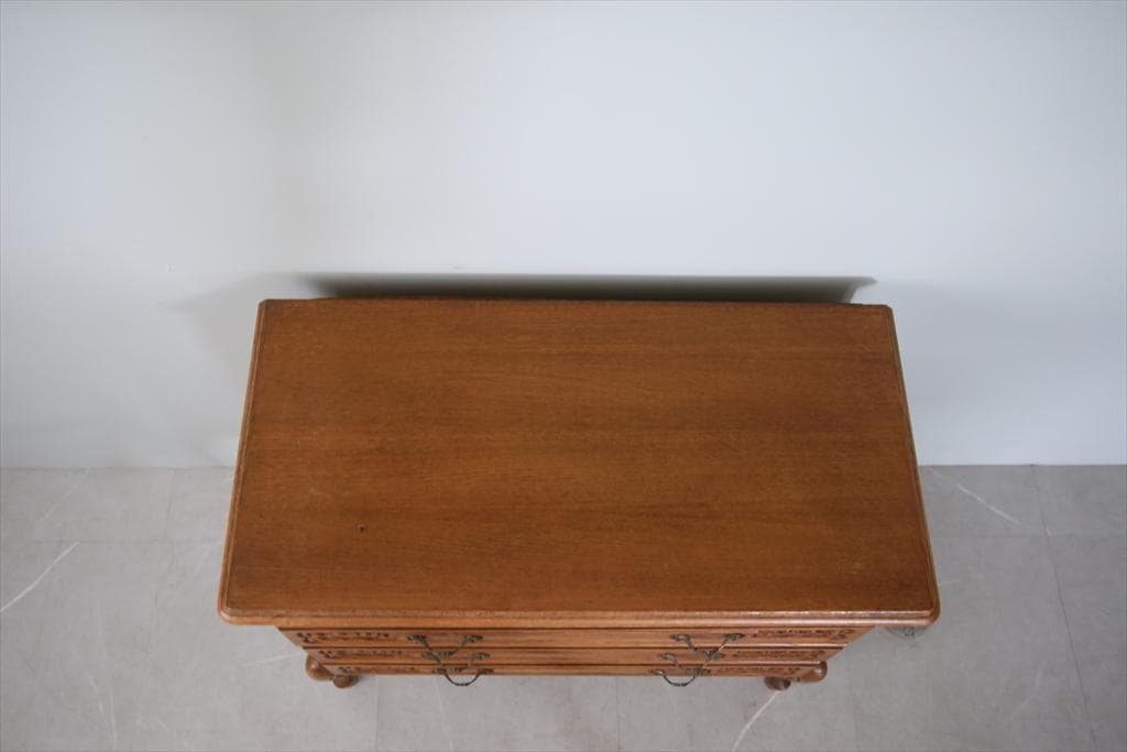 フランスアンティーク猫脚3杯ドロワー/木製チェスト/タンス/飾り棚(90-73)