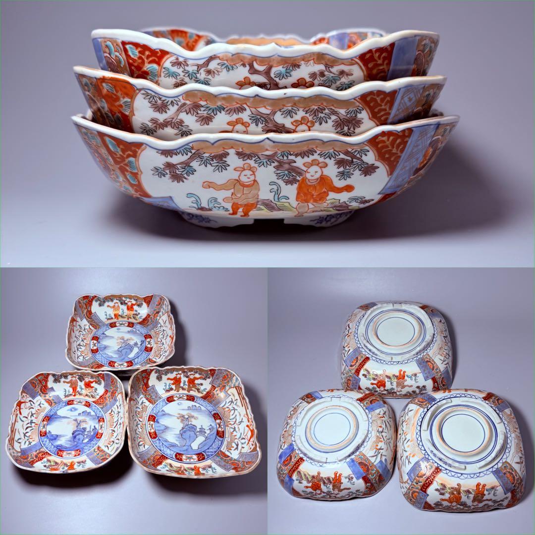 古伊万里　色絵風景画人物図三ツ鉢揃　二重四ツ足高台　四角鉢　珍品　古美術