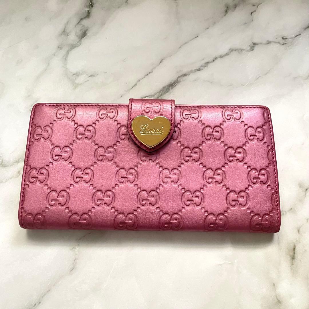 GUCCI グッチ　ラブリーハート シマレザー ピンク 長財布　美品0127-①