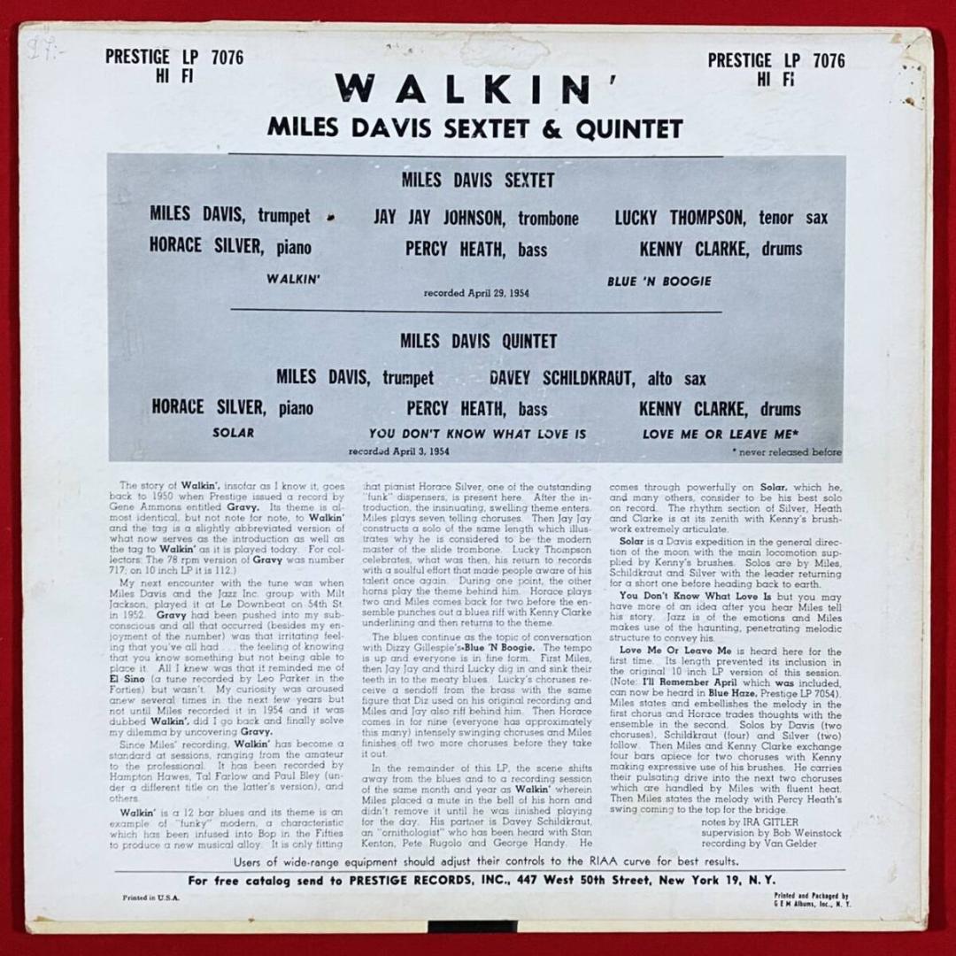 ★極レア！【USオリジ/MONO/NYC/深溝/RVG手彫】マイルス ウォーキン