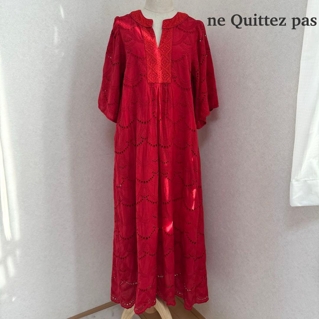 ヌキテパ コットン ボイル ドットヘムラ レース ワンピース マキシ丈 紅 近年