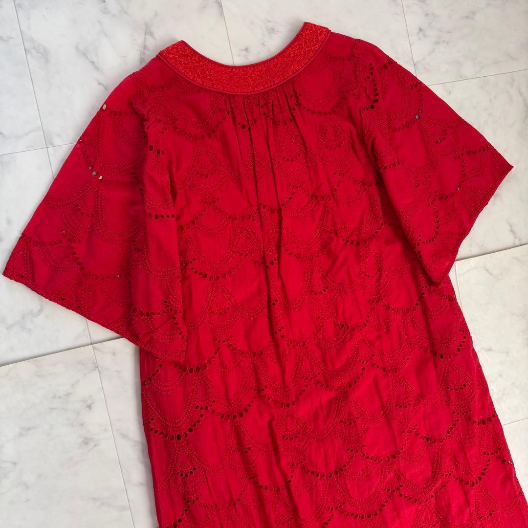 ヌキテパ コットン ボイル ドットヘムラ レース ワンピース マキシ丈 紅 近年