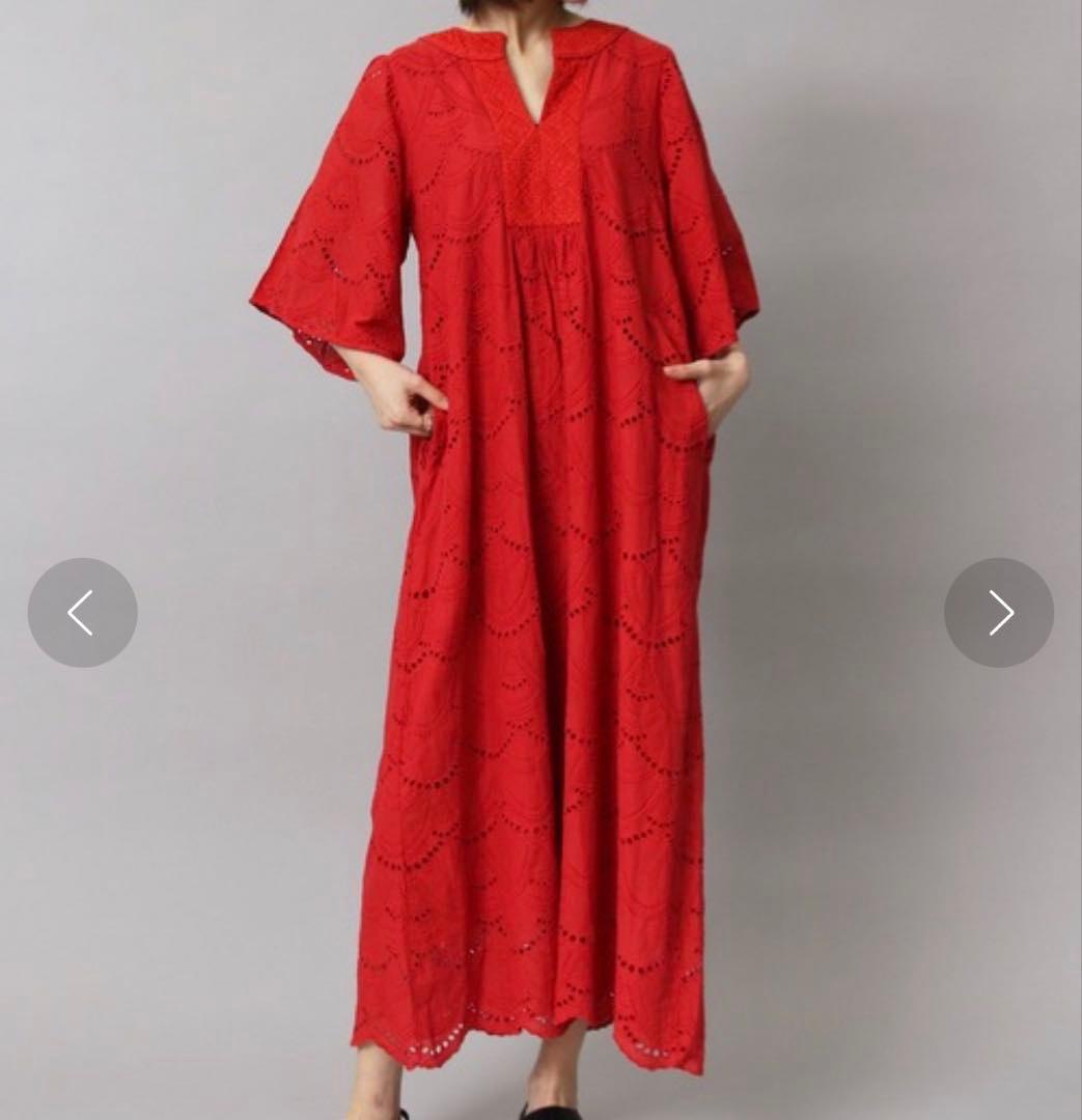 ヌキテパ コットン ボイル ドットヘムラ レース ワンピース マキシ丈 紅 近年