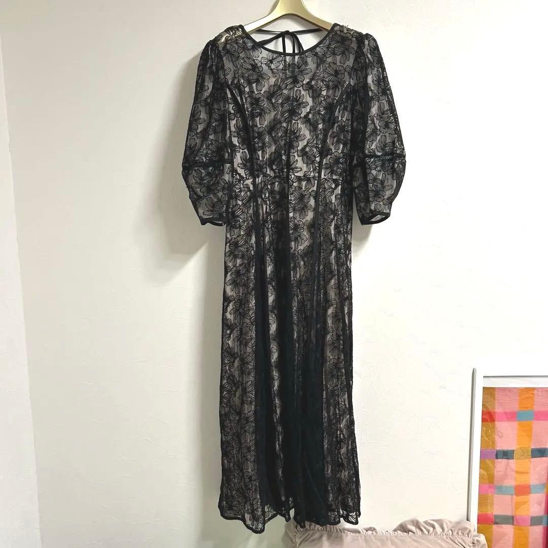 パフスリーブ総レースフレアロング結婚式ワンピース パーティードレスお呼ばれ二次会