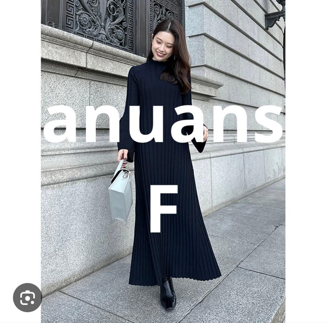 anuans ベルスリーブリブワンピース ネイビー ニット