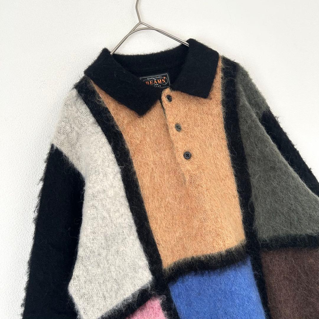 【モヘヤ混】Beams+ ニットポロシャツ　マルチカラー　美品　即完売　希少