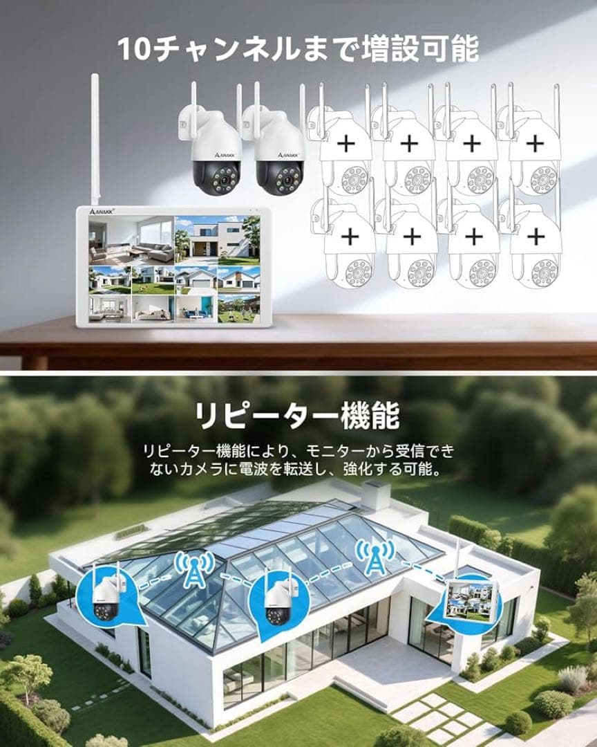 防犯カメラ ワイヤレス 屋外 モニター付き PTZカメラ 家庭用 2台セット