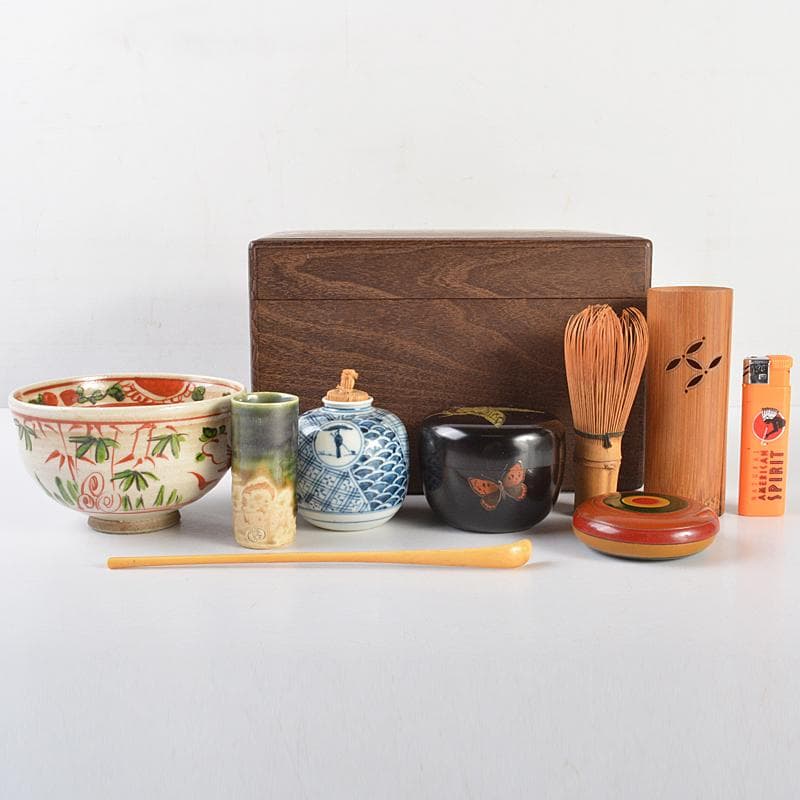 クローバー　利休茶箱赤絵竹花文茶碗棗など八点　一式　仕覆付　M　R7184