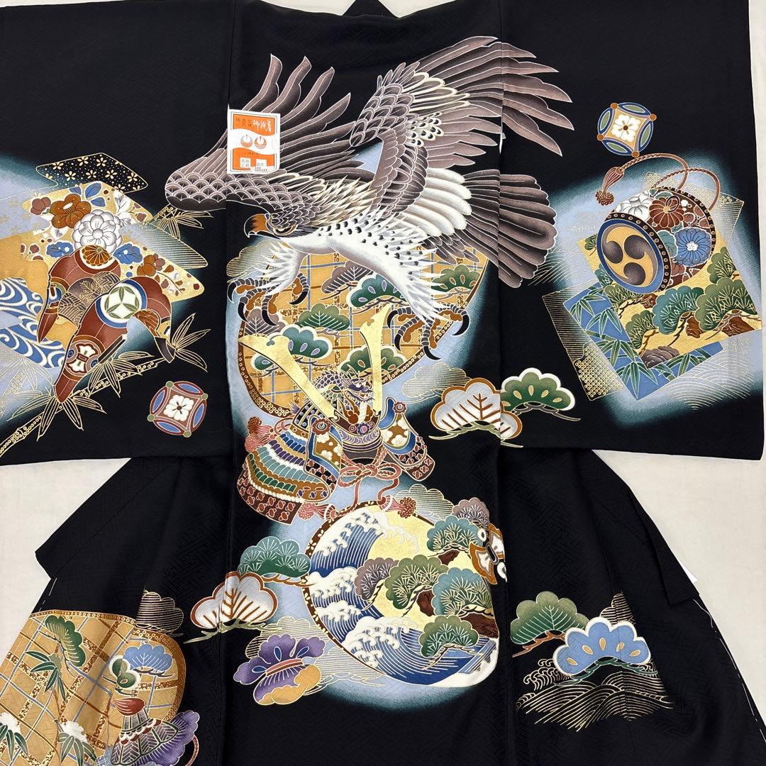 まいく　正絹産着祝着京友禅、豪華本金彩仕様、特選大鷹に大将兜龍祝い文