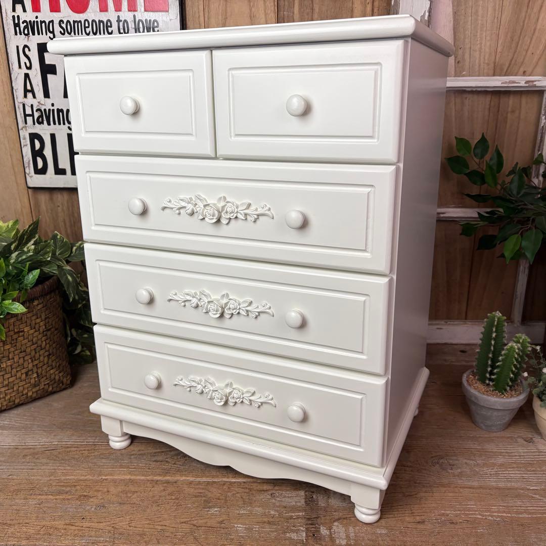 訳あり品【86】フレンチカントリー調ホワイトチェスト四段五つ引き木製洋タンス収納