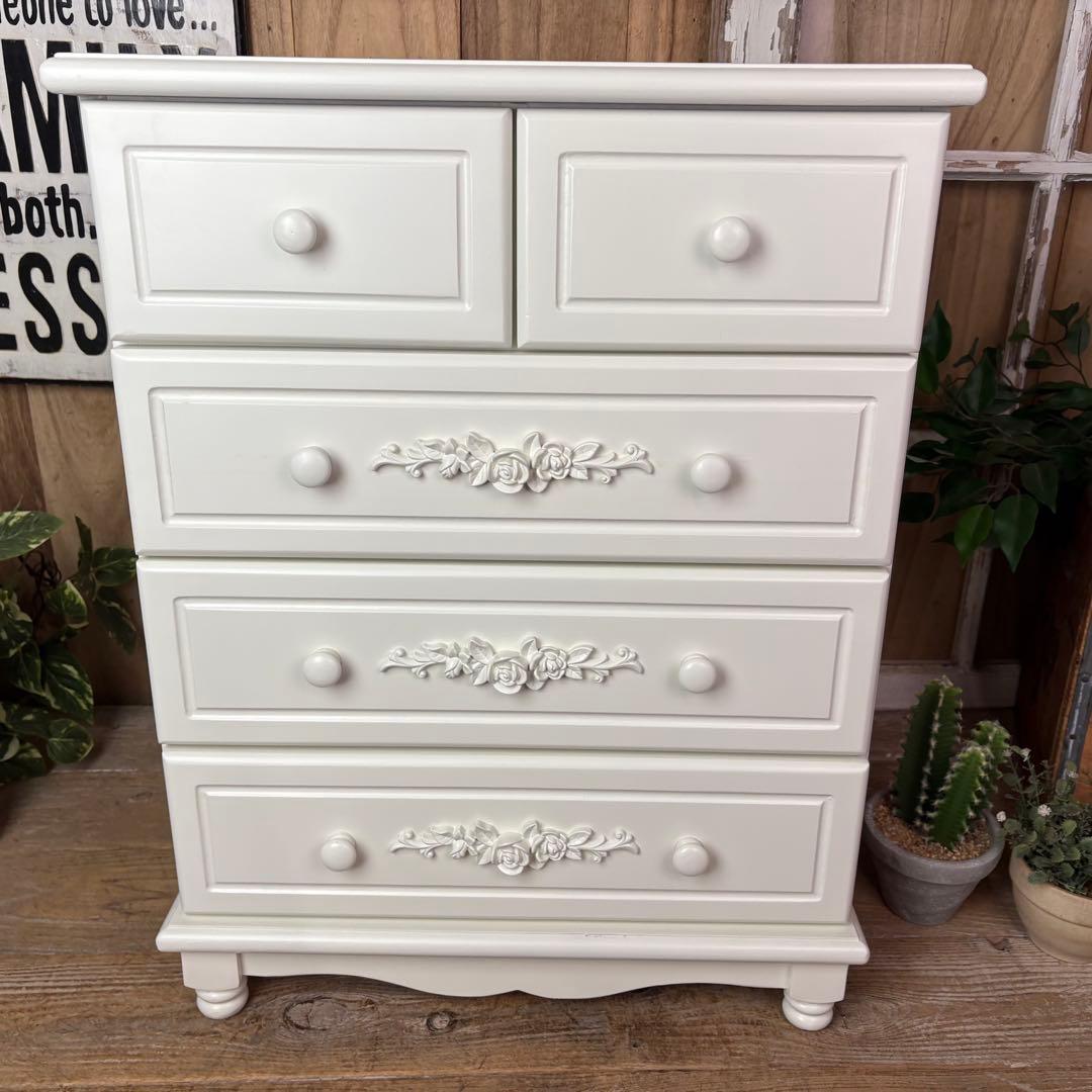 訳あり品【86】フレンチカントリー調ホワイトチェスト四段五つ引き木製洋タンス収納