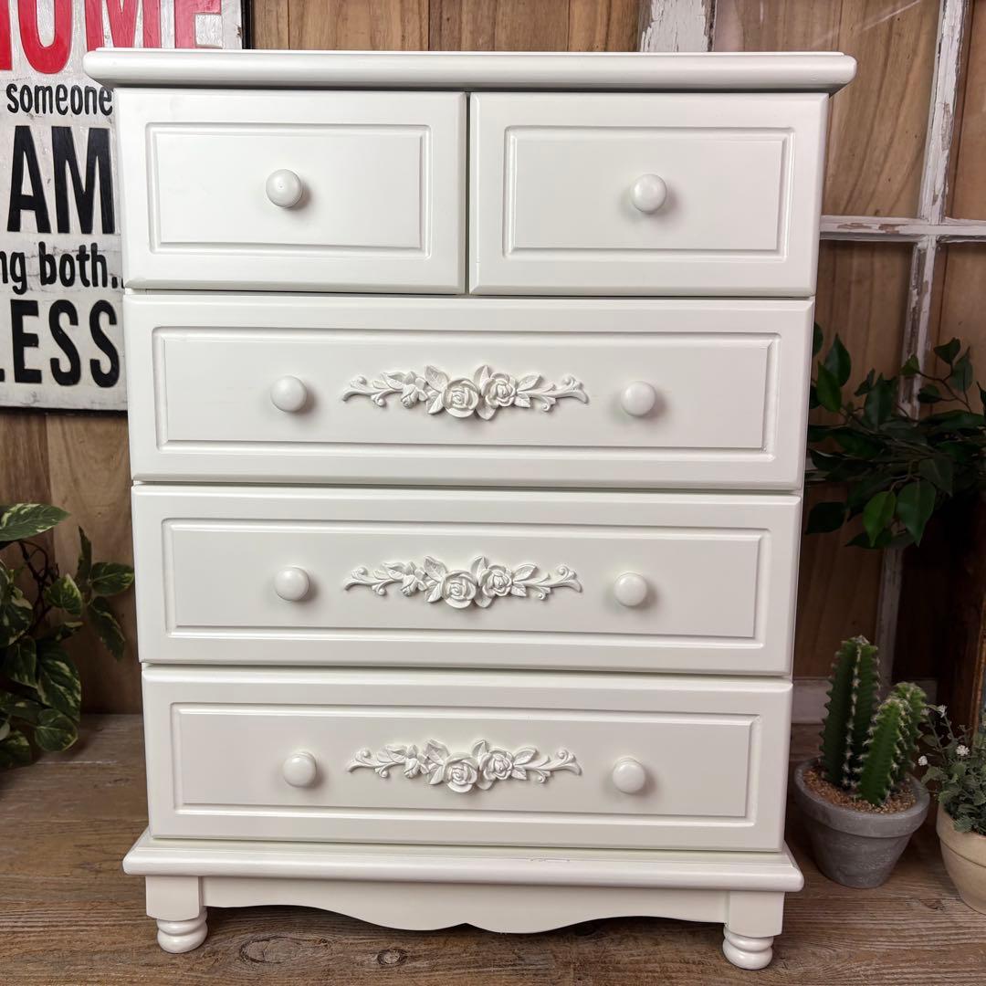 訳あり品【86】フレンチカントリー調ホワイトチェスト四段五つ引き木製洋タンス収納