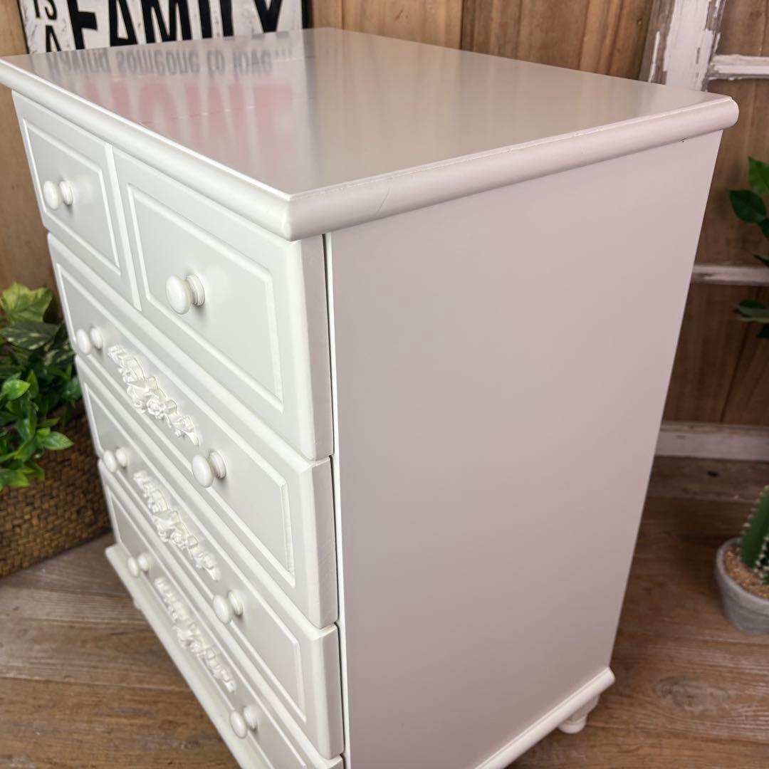 訳あり品【86】フレンチカントリー調ホワイトチェスト四段五つ引き木製洋タンス収納