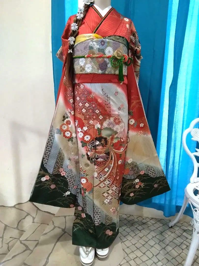 【新春】振袖フルセット、正絹振袖成人式、重ね衿帯揚げ帯締め、西陣唐織袋帯、襦袢