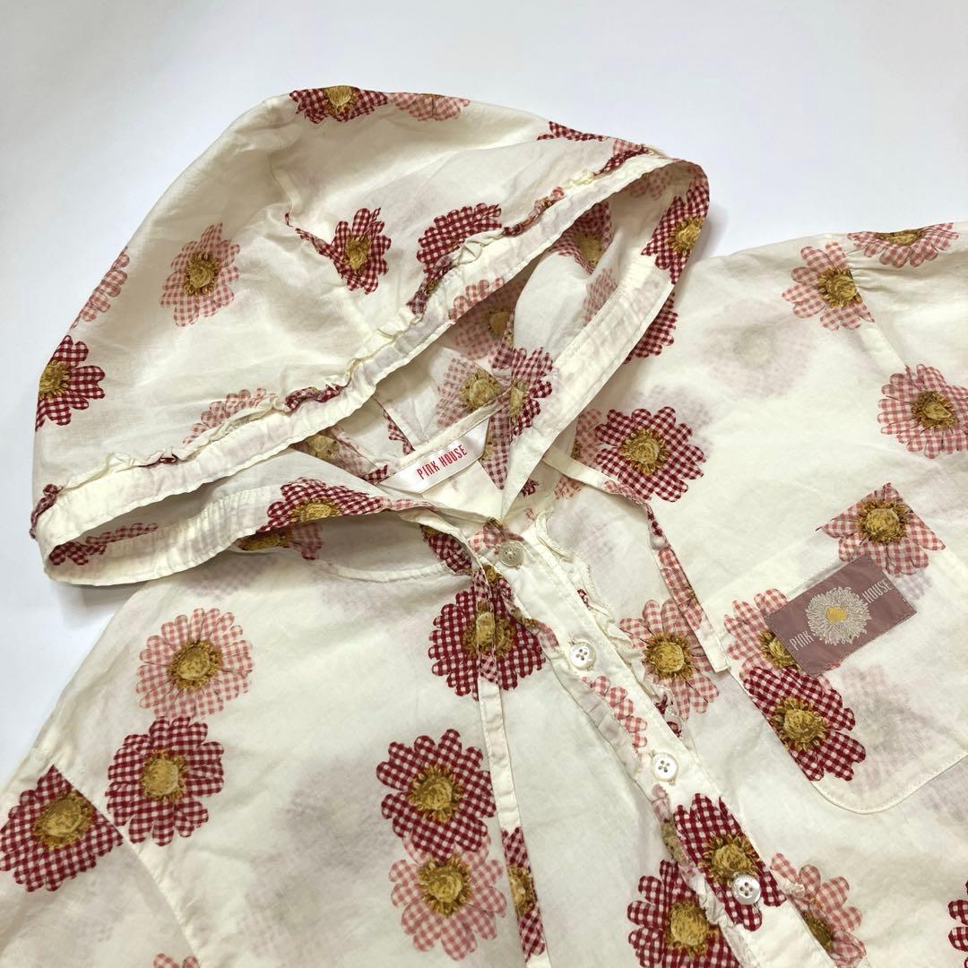 ピンクハウス 生成 ギンガムひな菊柄 フード付き ブラウス