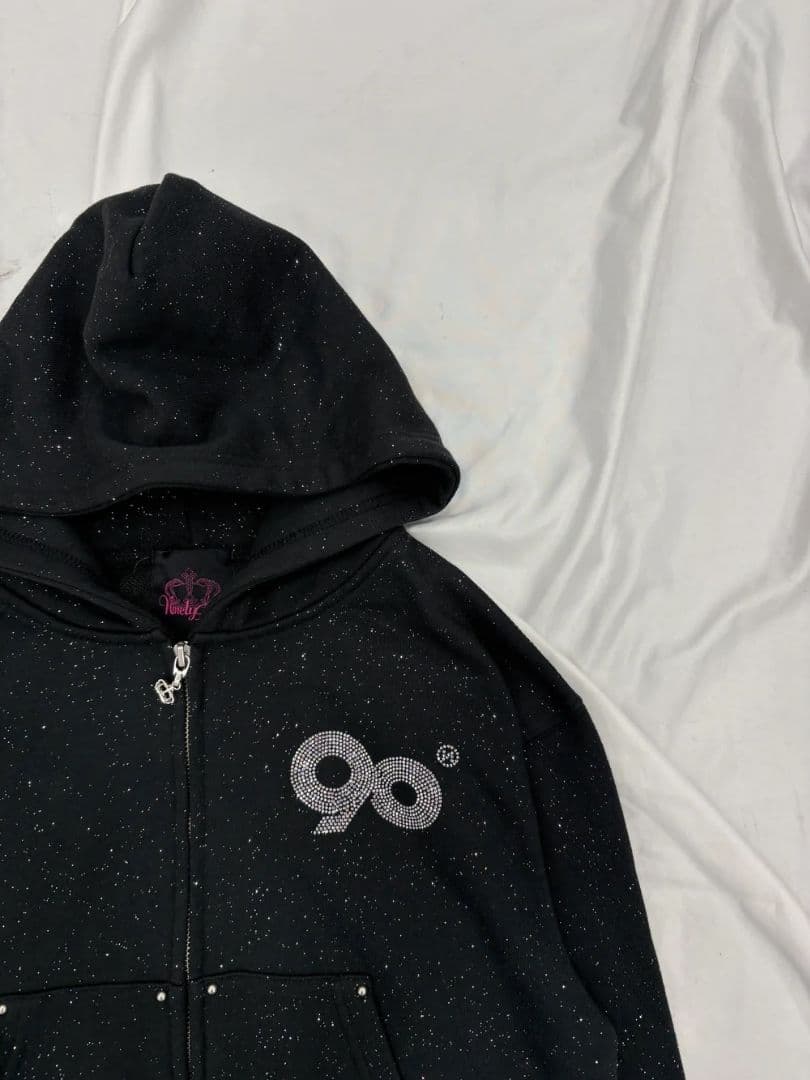 90 Logo Glitter Zip HoodieBLK×RHINESTONE