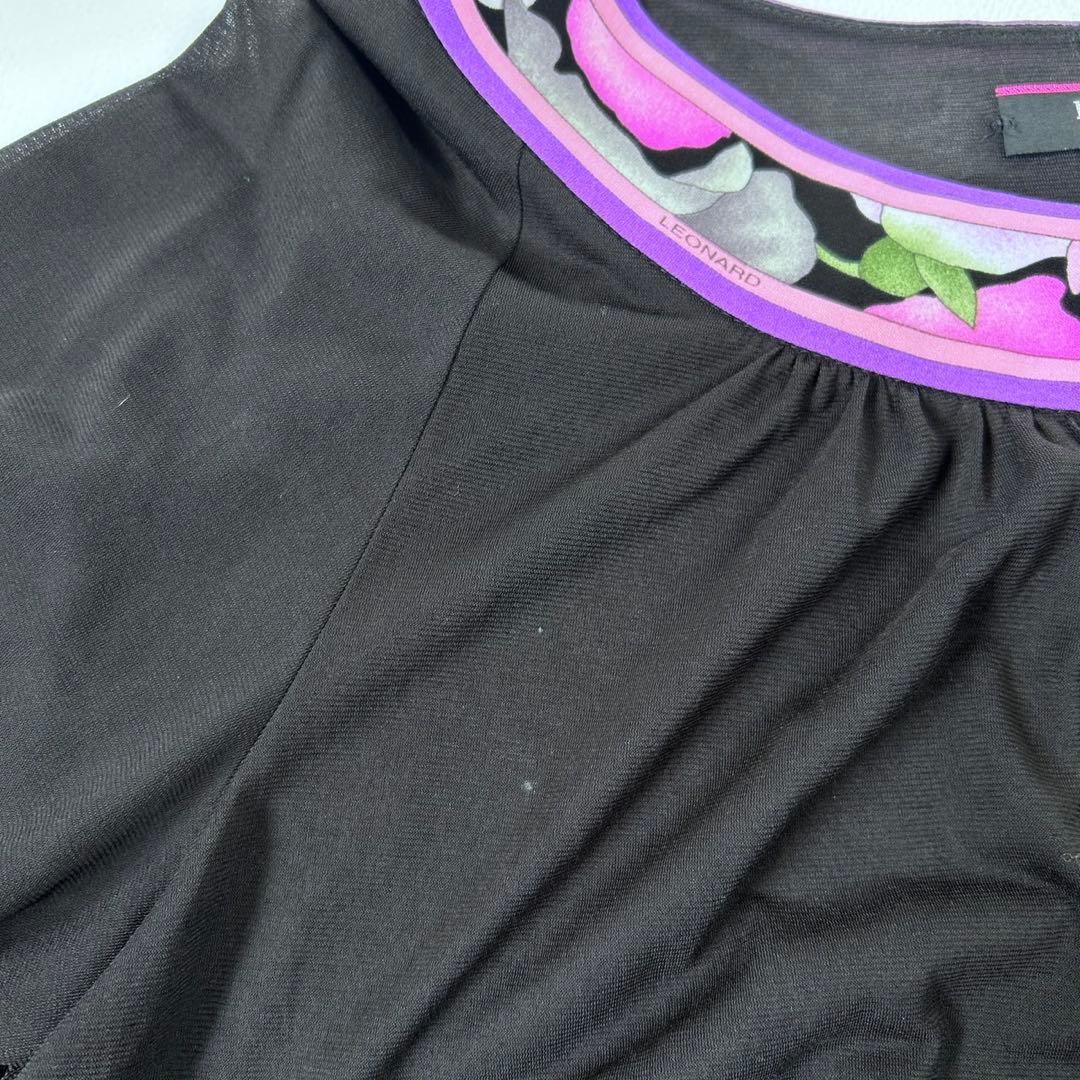 大きいサイズ レオナール カンカン素材 花柄トリム チュニック LL 黒