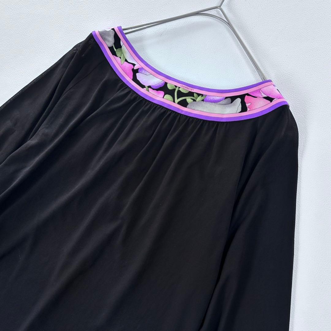 大きいサイズ レオナール カンカン素材 花柄トリム チュニック LL 黒