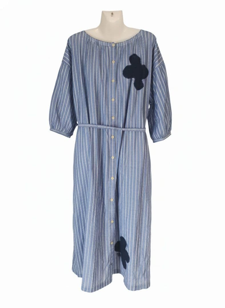 新品　琉球藍染工房　ストライプ紺花シャツワンピース　ロング丈　ウエストリボン付き
