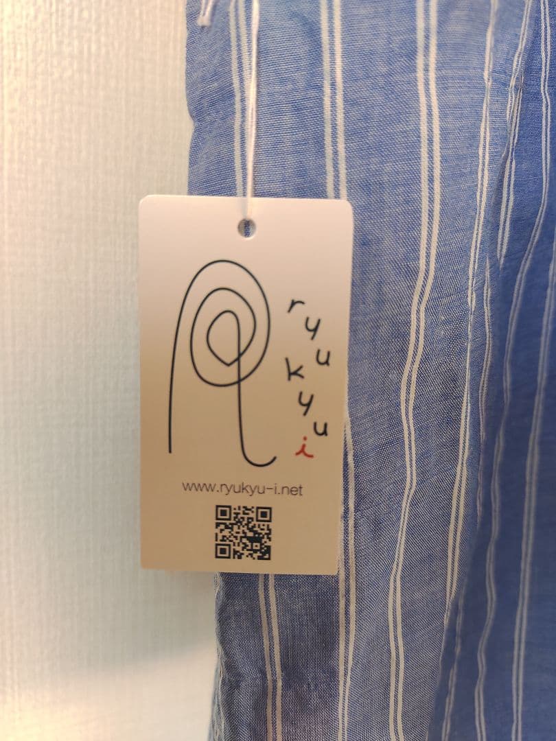 新品　琉球藍染工房　ストライプ紺花シャツワンピース　ロング丈　ウエストリボン付き