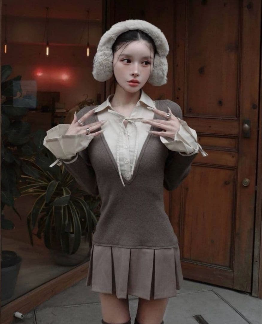 ダーリッチ シャツドッキングプリーツミニワンピース FL モカ Darich