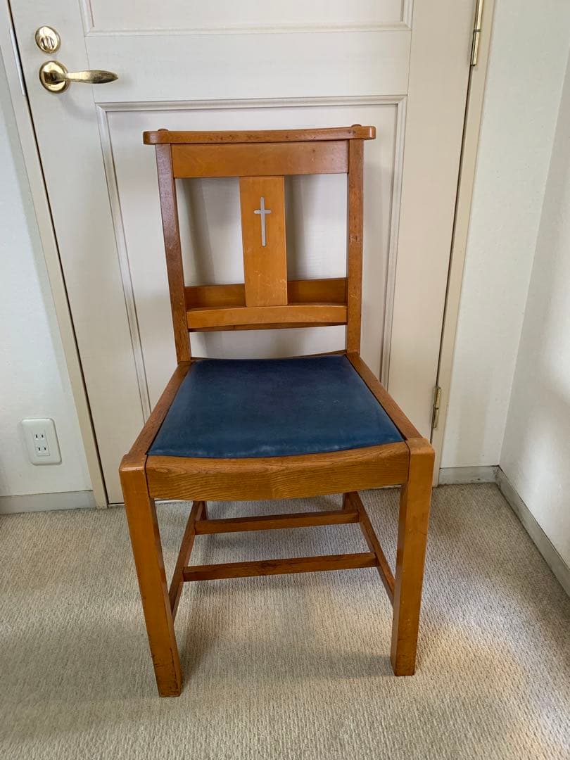 アンティーク　チャーチチェア　青い座面　レア　ヴィンテージ 椅子