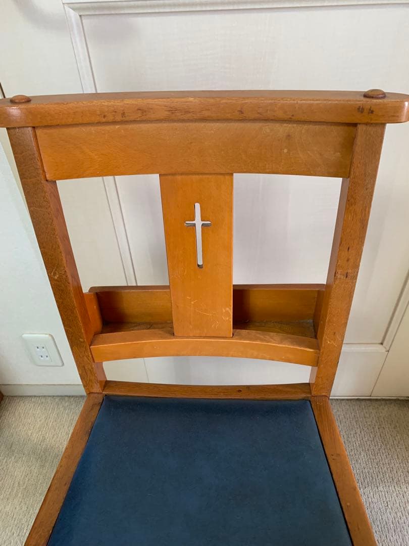 アンティーク　チャーチチェア　青い座面　レア　ヴィンテージ 椅子