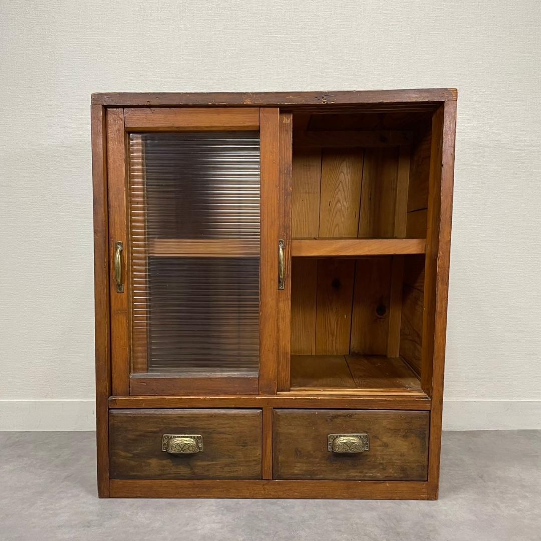 ヴィンテージ 木製本棚 モールガラス ガラスキャビネット 食器棚 古家具 収納