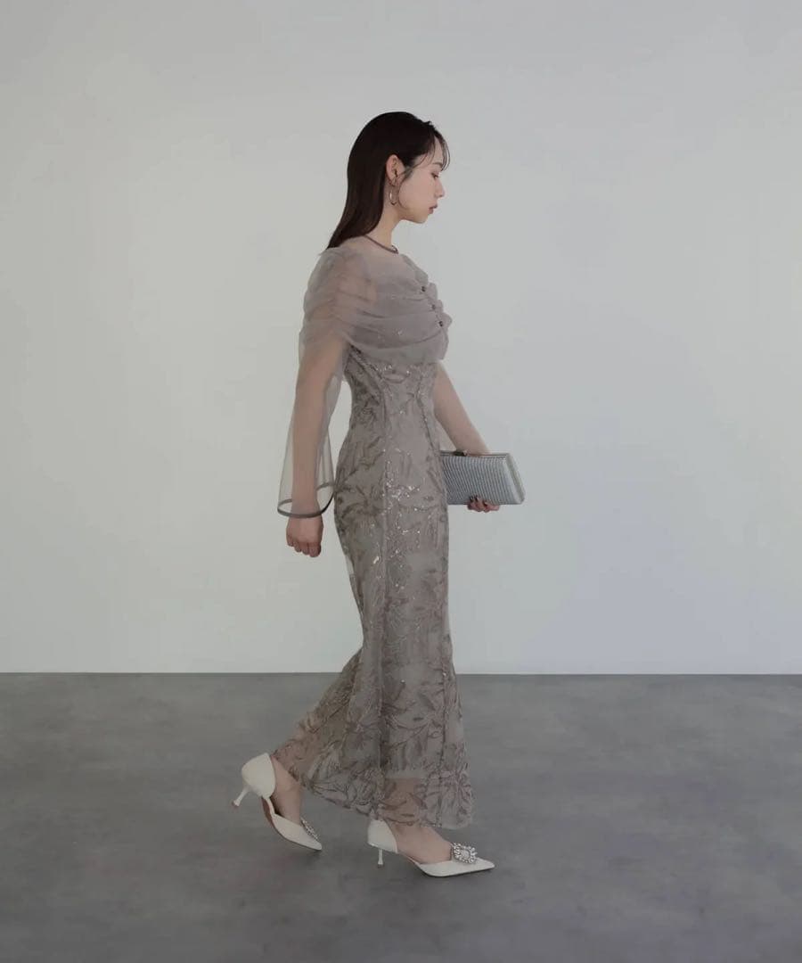 Leja グレー 刺繍入りロングドレス