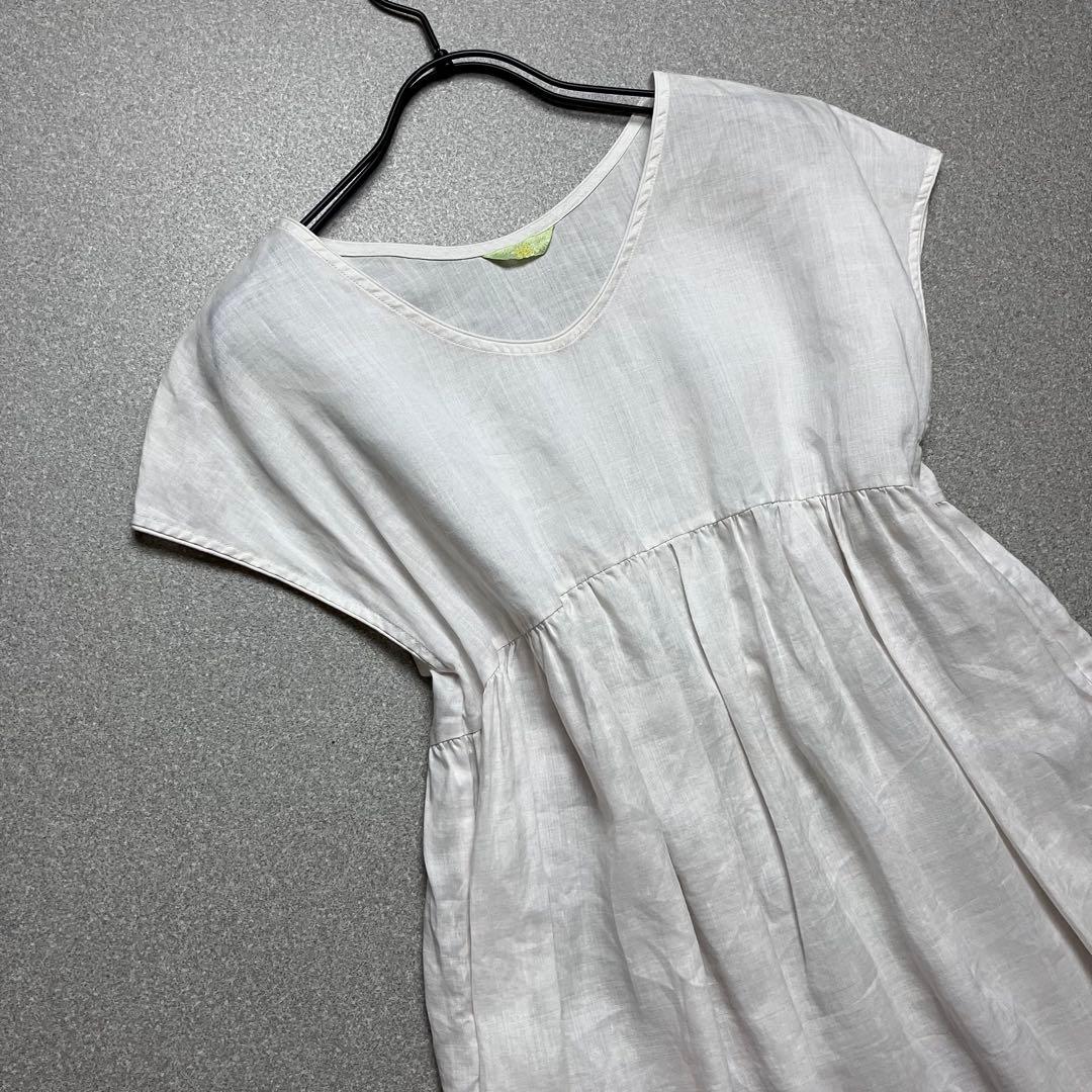 【リネン100% R刺繍】45R ノースリーブワンピース フレンチスリーブ