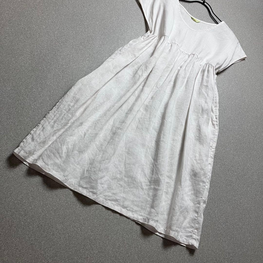 【リネン100% R刺繍】45R ノースリーブワンピース フレンチスリーブ