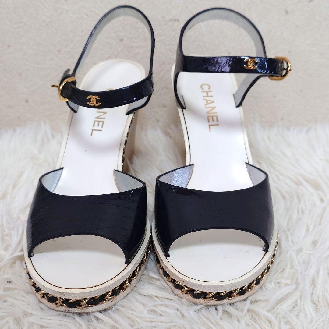 シャネル ミュール チェーン ココマーク ウッドソール 36c エナメル 保存袋