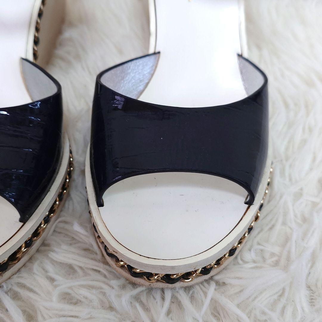 シャネル ミュール チェーン ココマーク ウッドソール 36c エナメル 保存袋