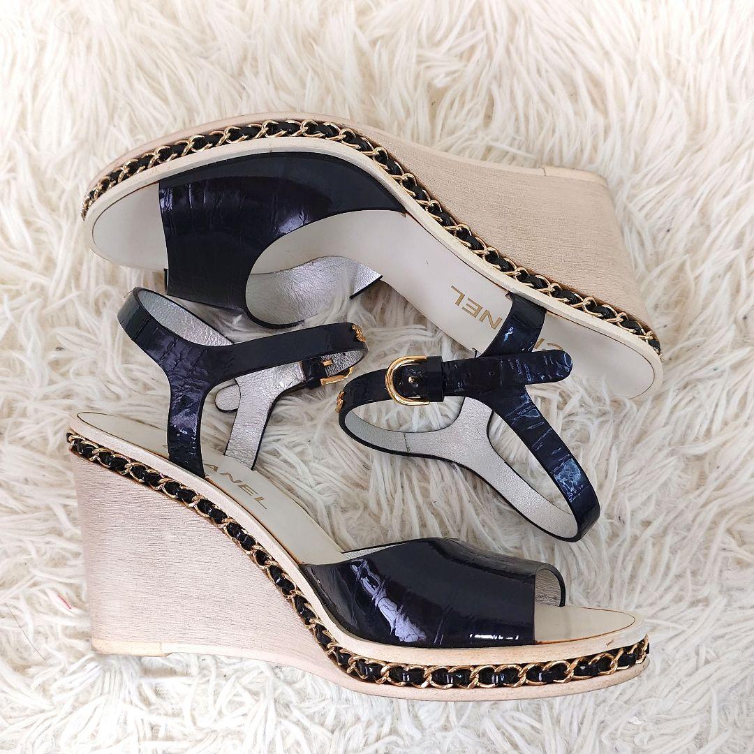 シャネル ミュール チェーン ココマーク ウッドソール 36c エナメル 保存袋