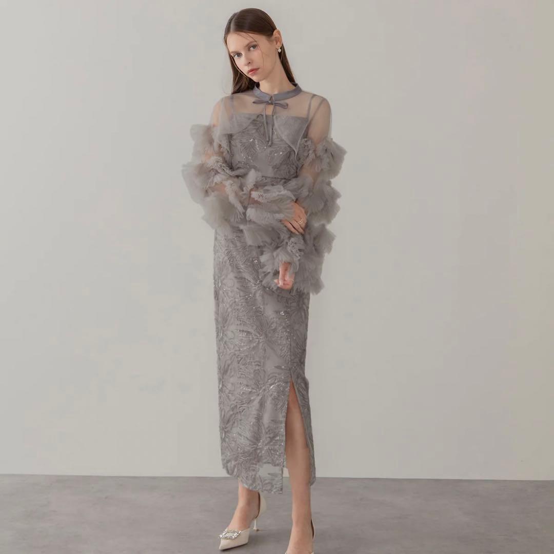 【Leja】フリルチュールスリーブリボン｜ラインワンピースドレス