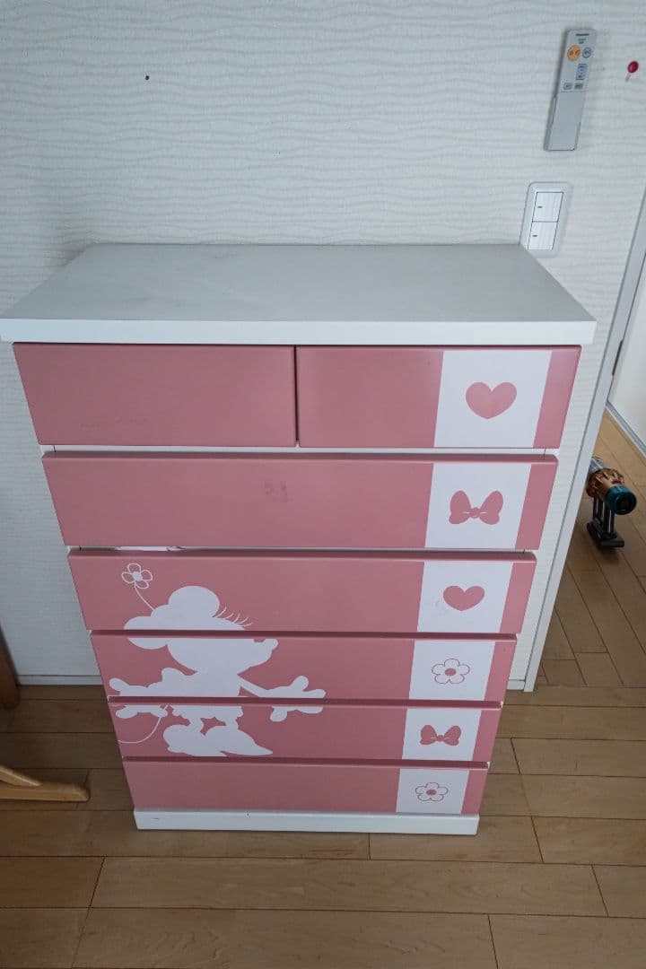 ディズニー　ミッキーミニー　タンス　キッズチェスト 5段 ピンクホワイト引き出し
