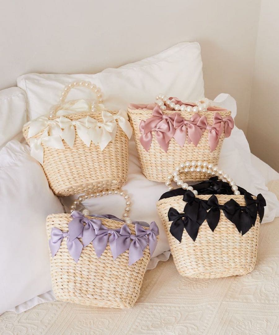 Maison de FLEUR パールハンドルメイズリボンカゴバッグ　アイボリー