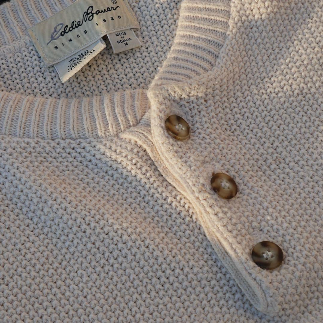 美品 USA製 90s Eddie Bauer ヘンリーネックニット 白タグ