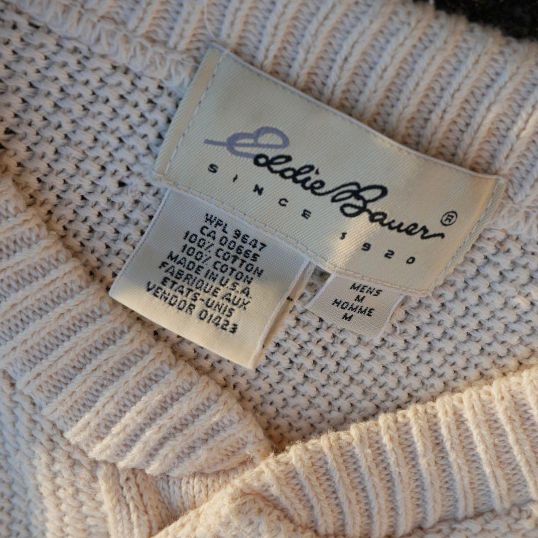 美品 USA製 90s Eddie Bauer ヘンリーネックニット 白タグ