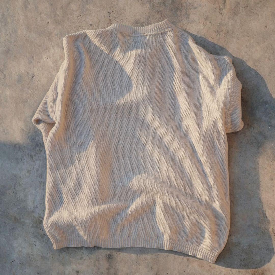 美品 USA製 90s Eddie Bauer ヘンリーネックニット 白タグ