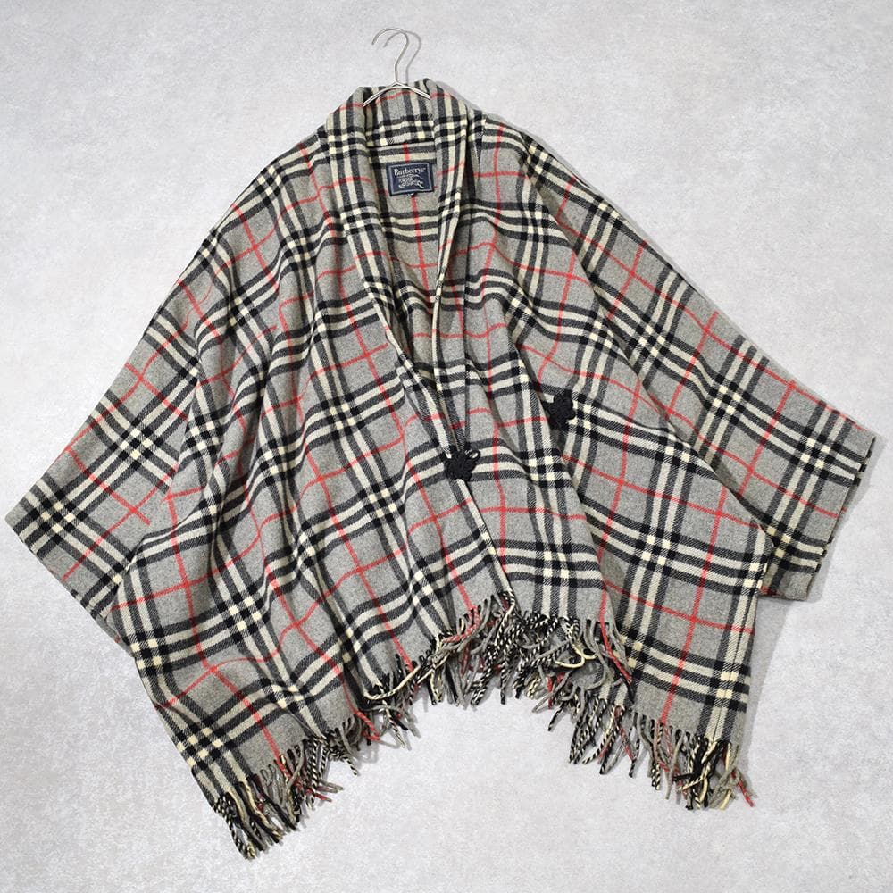 90s Burberrys ウール ノバチェック ポンチョ フリンジ チャイナ釦