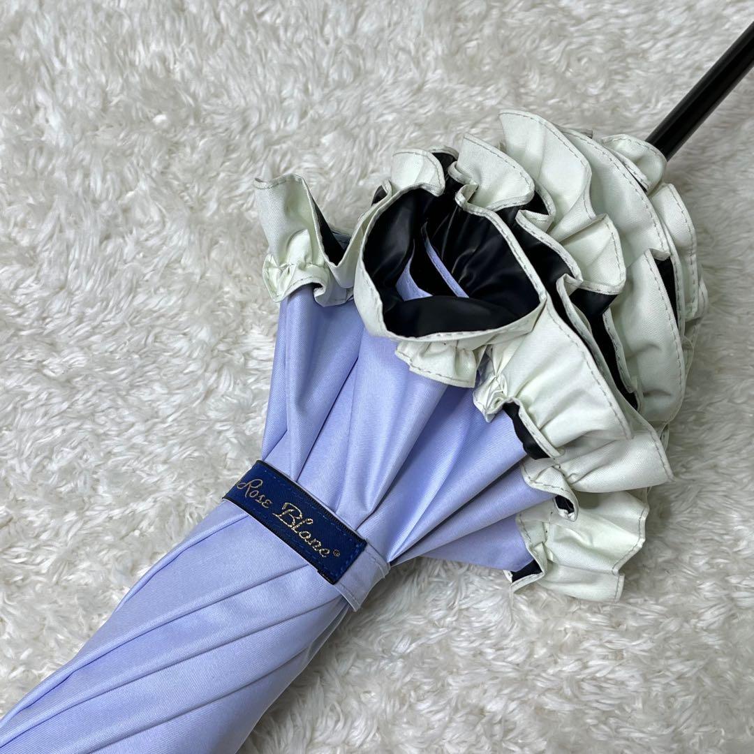 美品芦屋ロサブランRose Blanc日傘遮光率100%フリルバンブー持ち手
