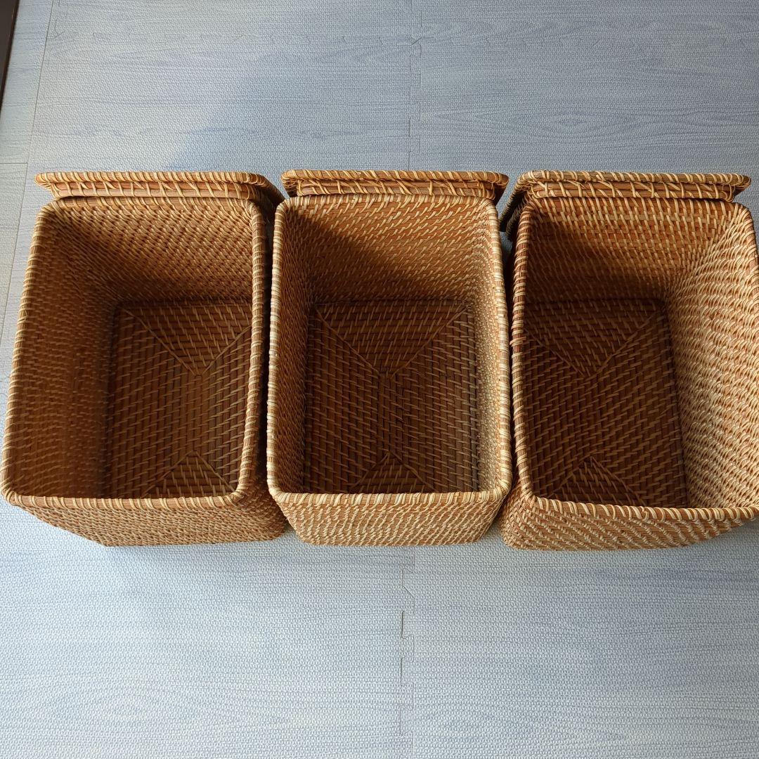 無印良品 重なるラタン長方形バスケット・特大 ３個セット