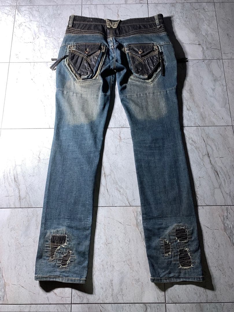 00s PPFM archive 立体 フェイクレザー ダメージ デニム Y2K