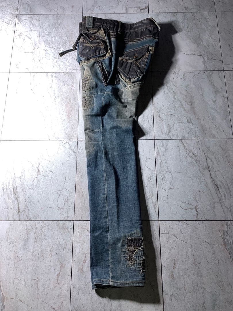 00s PPFM archive 立体 フェイクレザー ダメージ デニム Y2K